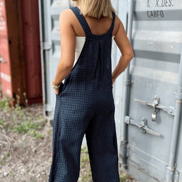 B243 Sail Blue Plaid Print Buttoned Pocketed High Waist Overall - Picture 2 of 16